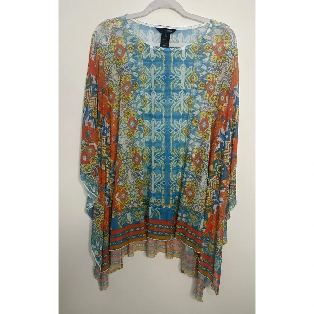 Ali Miles Womens XL Sheer Mesh Poncho Top Geometric Handkerchief Hem *Flawed - Picture 14 of 14
